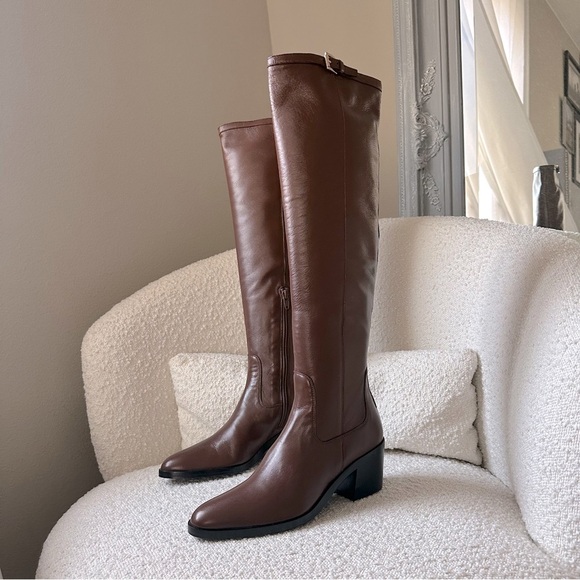 NIB By Far Esteban Knee High Brown Napa Leather Boot Low Block‎ Heel Black 35 - Picture 1 of 7